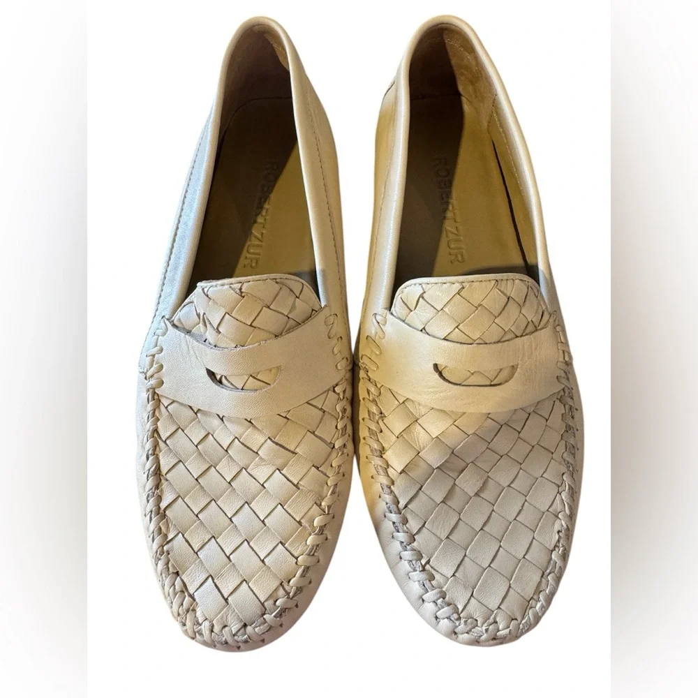 Beige Woven Leather Loafers